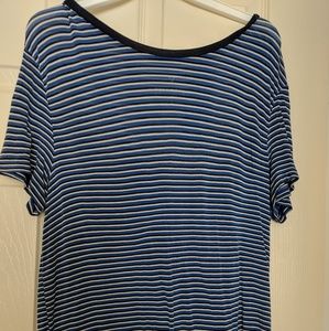 blue,black, and white striped shirt